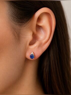14k White Gold Stud Earrings - Sapphire and Diamond